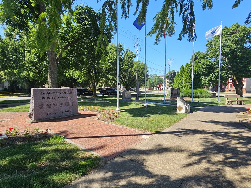 View of one of the park's bridges and a tree-lined pier